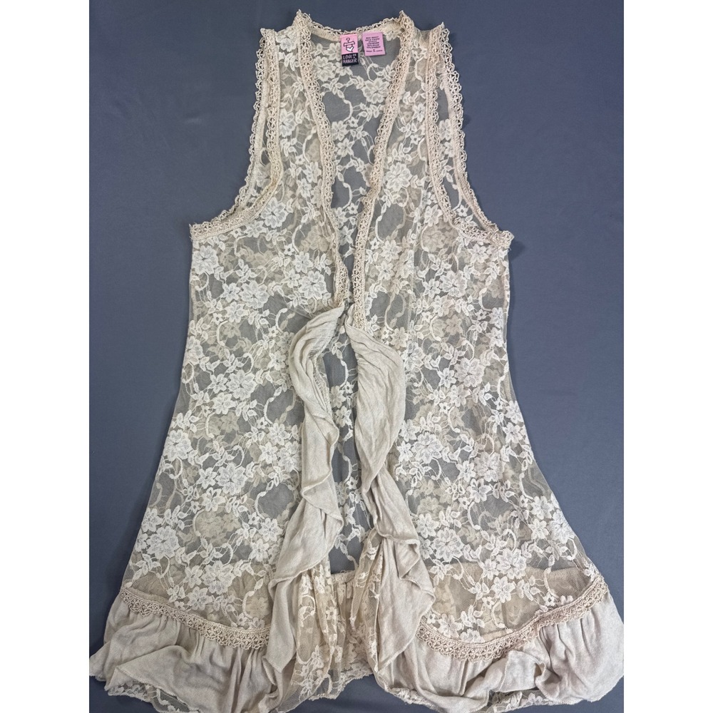 Love On A Hanger Cream Floral Lace Ruffle Trim Open Front Vest Small Boho Chic